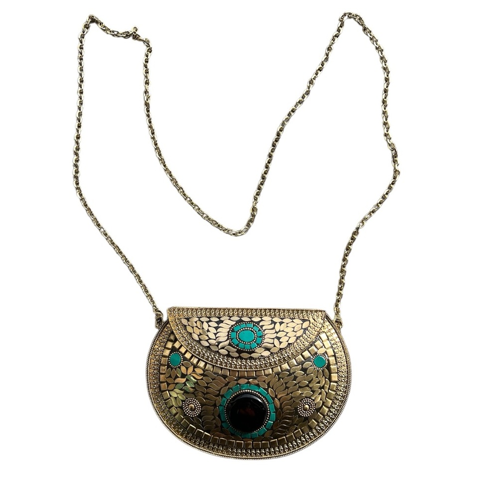 Elegant Gold and Turquoise Mosaic Pendant Crossbody/Clutch